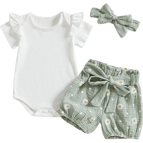 Kaipiclos Newborn Infant Girl Clothes Rib Knit Romper Daisy Print Shorts Headband Baby Summer Clothes 0 3 6 12 18 24 Months