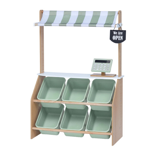 Teamson Kids Farmer’s Market Play Stand with Removable Bins and Awning - Mint/White