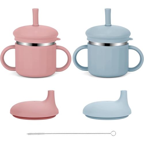 Upgrade Stainless Steel Baby Sippy Cups, 7.4 Oz Spill Proof Toddler Straw Cups, 3 Stages Training Cup for Toddlers 1-3 Year, Kid Cups with Silicone Sheel and Straws (Coral + Blue)
