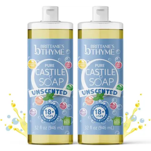 Brittanie’s Pure Castile Liquid Soap, Unscented, 32 Ounce Pack of 2, Hair & Body Wash