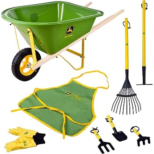 John Deere Deluxe 34" Wheelbarrow and Garden Set Includes 5 Realistic Gardening Tools,Gardening Apron, Gardening Gloves, Large Metal Wheelbarrow with Wooden Handles, Outdoor Toy Ages 5+