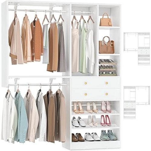 Closet System With Drawers - Closet Organizer System With Drawers, Reversible Heavy Duty Garment Rack with Shelves, Wood Closet Systems Built In For Walk In Closets, 5 FT/60"(W), White