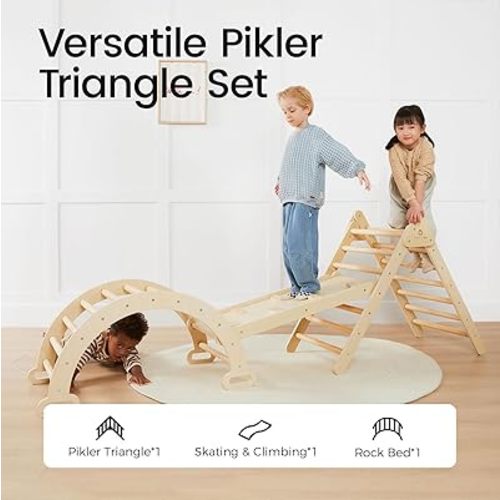 Tiny Land Pikler Triangle Set, 7-in-1 Foldable Pikler Triangle Climbing Toys Set for Kids,Baby Indoor Playground Jungle Gym, Wooden Montessori Climbing Set for Toddler (Natural,Large)