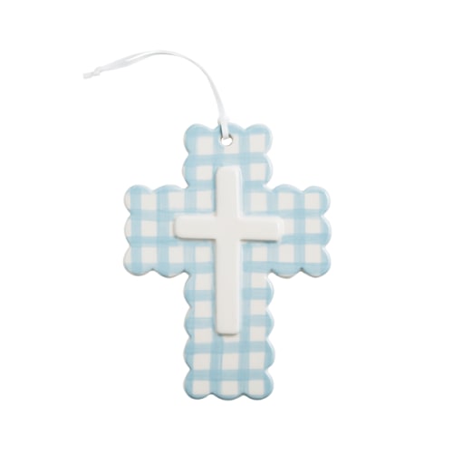 Mud Pie Blue Ceramic Gingham Cross