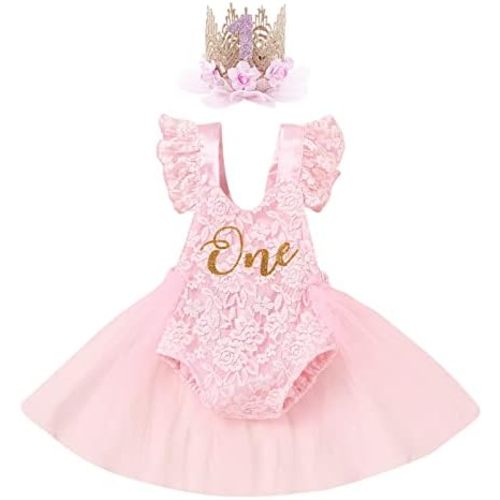 IBTOM CASTLE Baby Girl 1st Birthday Outfit-Boho Sleeveless Lace Romper Princess Tutu Dress for Cake Smash Photoshoot 9-18M