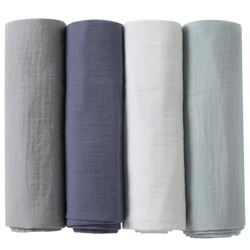 POMISO Muslin Swaddle Blankets for Boys & Girls, Newborn Receiving Blankets, 4 Pack Soft Breathable Baby Swaddles, Large 47x47 Inches, Grey Blue White Green