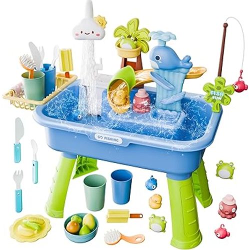 2026 Upgraded Water Table for Toddlers 3+, Water Table for Kids Ages 4-8 with Pump, Play Sink with Running Water, Kitchen Sink for Toddlers, Fishing Game and Outside Sensory Toys (Blue)