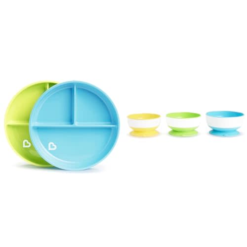 Munchkin® Stay PutTM Divided Toddler Plates and Suction Bowls for Babies Bundle, Blue/Green