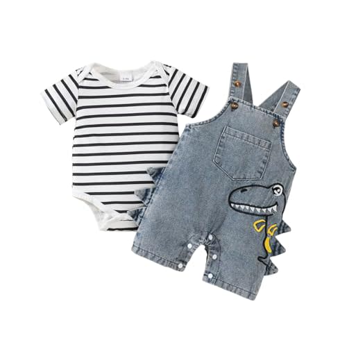 Baby Boy Clothes Summer Outfits Infant Short Sleeve Striped Romper Cute Dinosaur Jeans Suspender Overalls 0-18 Months
