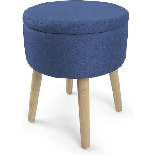 Humble Crew Ashton 14" Round Ottoman with Storage & Tray Lid, Navy Upholstered Seat with Reversible Cushion and Wood Legs, Small Side Table or Footrest
