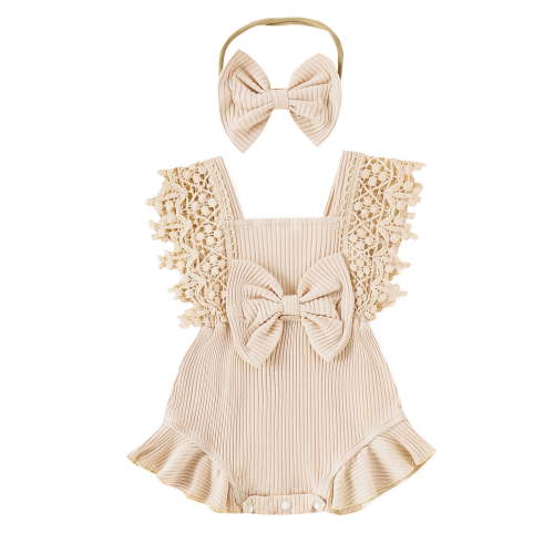 Hirigin Infant Baby Girl Summer Romper 3 6 12 18 Months Lace Sleeve Ruffle Bow Ribbed Romper Jumpsuit Bodysuit with Headband