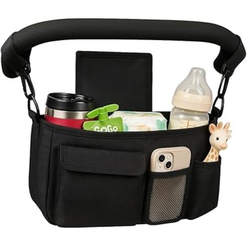 Universal Stroller Organizer with Cup Holder, Large Capacity Stroller Caddy, Non-Slip Secure Hooks Accessories(Black)