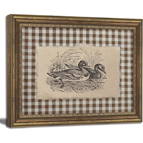 Vintage Gold Framed Wall Art Vintage Duck Wall Art Rustic Farmhouse Brown Gingham Duck Wall Decor Picture Country Cottage Illustration Poster Print Artwork for Living Room Bedroom 9x11in