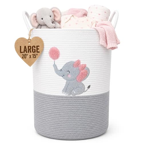 Elephant Baby Laundry Basket for Girl Nursery, Pink Rope Hamper, 20x15 in | Baby Clothes Hamper, Blanket Basket, Toy Storage, Cotton Rope with Handles, Nursery Decor, Shower Gift, Kids Room Organizer