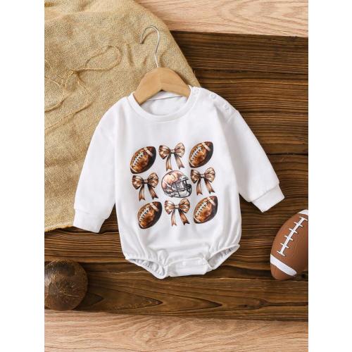 SHEIN Baby Girl Casual Cute Daily All-Match Versatile Football & Bow Design Long Sleeve Loose Fit Comfy Knit Romper, Suitable For Spring & Autumn | SHEIN USA