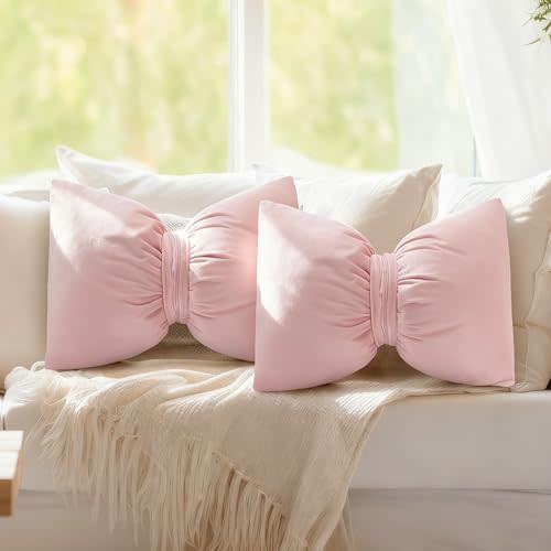 Beeveer Pink 2 Pcs Bow Pillow 12 x 18 Inch Coquette Throw Pillows Large Bow Shaped Velvet Cushion Coquette Decorative for Girls Room Bed Sofa Couch Car Decorations