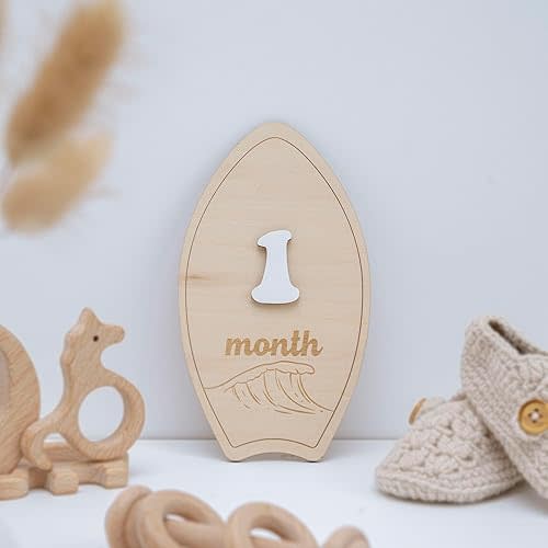 Wooden Surfboard Baby Monthly Milestone Sign, 1–12 Month Photo Prop Set, Beach Wave Design Neutral Nursery Decor, Newborn Growth Tracker Keepsake