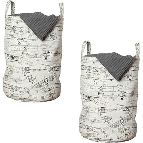 Ambesonne Airplane Laundry Bag Pack of 2, Old Fashioned Transportation Hand Drawn Style Vintage Pattern, Hamper Basket with Handles Drawstring Closure, 13" x 19", Olive Green Tan