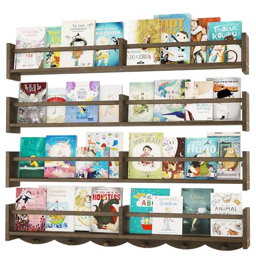 34Inch Nursery Bookshelves,Set of 4,Wall Floating Shelf Kids Coat Rack with 6Hooks,Hanging Book Shelf for Baby Nursery Room Décor (Dark Brown, 34)