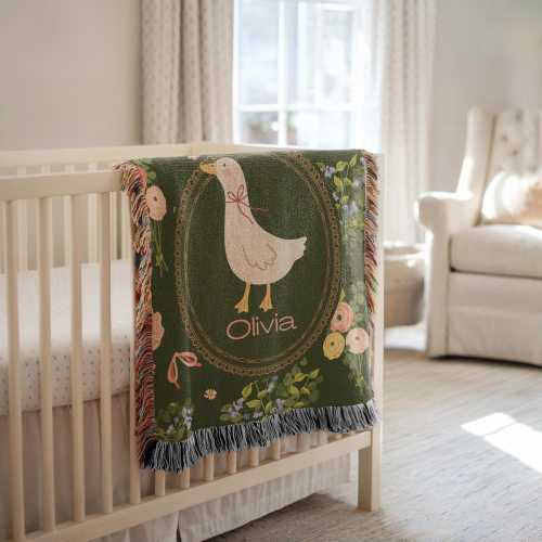 Personalized Floral Goose Baby Blanket, Baby Goose Woven Blanket, Goose Nursery Decor Custom Baby Blanket Floral Baby Shower Goose Baby Gift