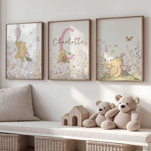 Winnie the Pooh Baby girl Nursery Wall Art| Vintage Floral Nursery| Personalized name sign Initial