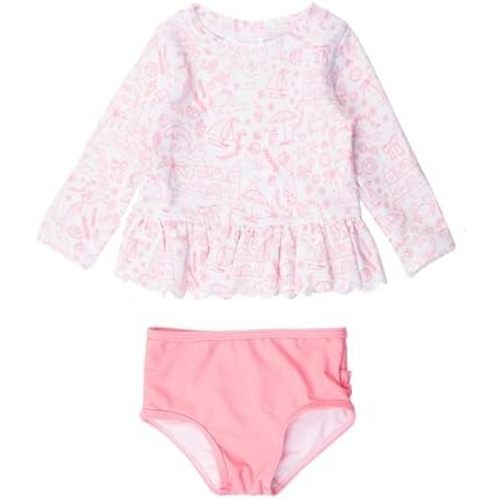 RuffleButts Baby/Toddler Girls Scalloped Long Sleeve Rash Guard 2-Piece UPF50+ Sun Protected Swimsuit