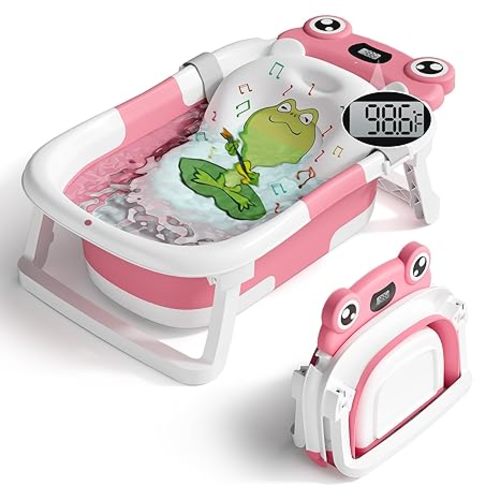BUNWAG Baby Bathtub, Collapsible Newborn Bathtub for Infant to Toddler with Soft Cushion and Thermometer, Travel Newborn Tub with No-Slip Feet, Baby Shower Gifts, 0-12 Months Baby Bath, Rose Pink