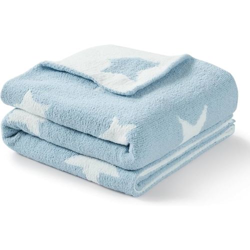 CREVENT 30"X40" Cozy Soft Warm Chenille Baby Blanket for Girls Boys, Newborn Essentials for Infant, Baby Shower Receiving Gift - Blue Star