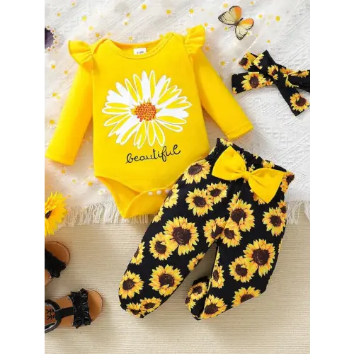 Three-piece Set Toddler Girl's Daisy Print Bodysuit & Pants - TikTok Shop