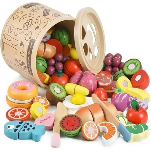 WHOHOLL 43 Pcs Wooden Play Food for Kids Play Kitchen Accessories Playset with Basket, Pretend Cutting Food Toys for 3 4 5 6 Year Old, Vegetables Fruits Toys Christmas Birthday Gifts for Girls Boys