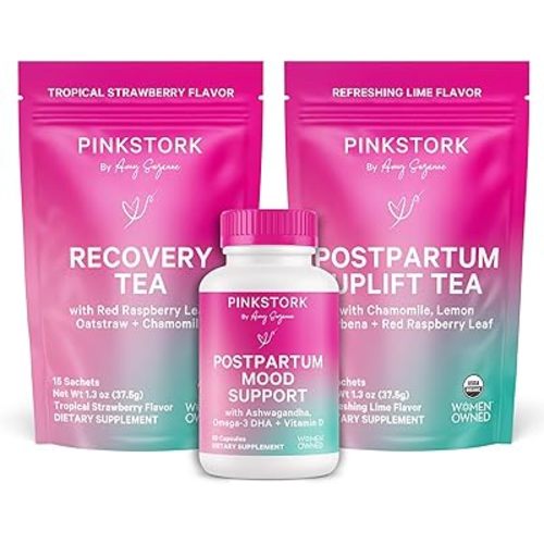 Pink Stork Postpartum Essentials Kit – Hormone Balance, Recovery & Mood Support for New Moms – Postnatal Vitamins Ashwagandha + Herbal Teas for Stress Relief, Energy, Sleep – Gift Set – Vegan, Organic
