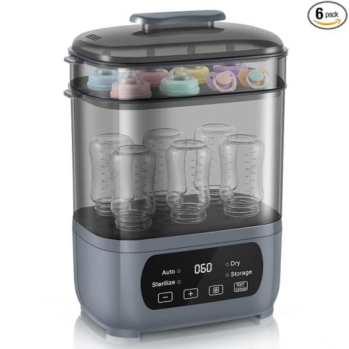 AMZBABYCHEF 4-in-1 Baby Bottle Steamer and Dryer, Electric Steamer with Fast Drying, Universal Fit for All Bottles, LED Touch Screen & Auto Shut-Off Protection (Grey)