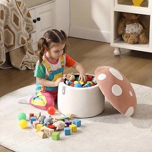 Kids Desk Chairs, Cute Mushroom Storage Ottoman, Mushroom Armchair, Children Round Storage Ottomans, Small Multi-Purpose Footstool for Playroom & Bedroom, Pink Mushroom