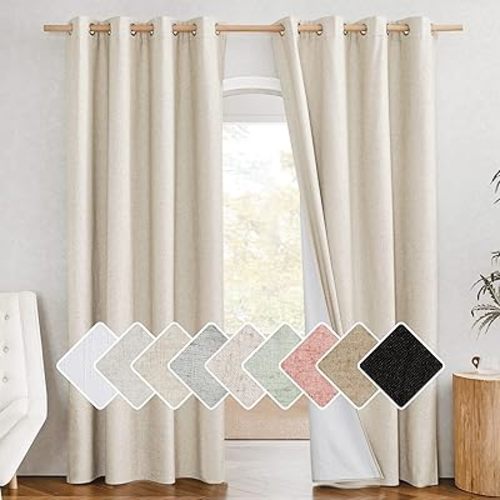 NICETOWN 100% Absolutely Blackout Linen Curtains with Thermal Insulated White Liner, 52" W, 2 PCs, Beige, 90" Long Drapes Sweep The Floor Decorative Keep Privacy Panels for Living Room/Villa/Bedroom