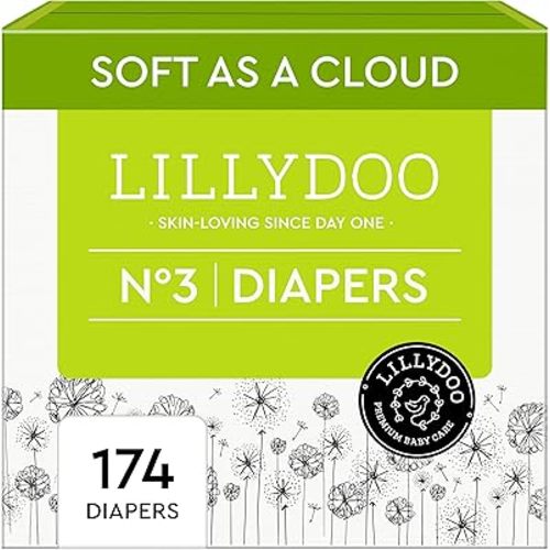 LILLYDOO Baby Diapers - Size 3 (13+ lbs), Monthly Supply (174 Count), Leak Protection, Skin-Friendly, Ultrasoft, Perfume- & Chlorine-Free, Hypoallergenic, Dermatologist Tested, Oeko-TEX®