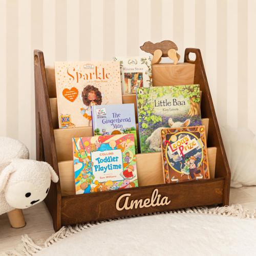 Kids Bookshelf for Pastel Nursery, Toy Shelf, Toddler Room Organizer, Montessori Reading Shelf in Natural Wood for Scandinavian Nursery