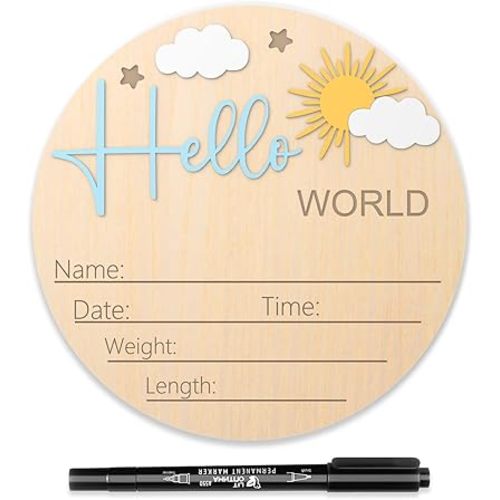 Baby Announcement Sign, 5.9 Inch Hello World Newborn Sign for Hospital, Newborn Photography Props for Nursery, Sun and White Cloud Decoration Welcome Sign for Baby Shower (Sun)