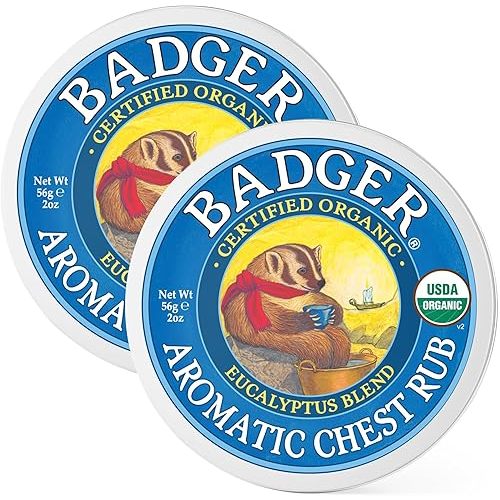 Badger Aromatic Chest Rub, 100% Organic Vaporub w/Eucalyptus & Lavender Essential Oils to Clear & Soothe, All-Natural Chest Congestion Relief for Adults & Kids, 2 oz Tin, 2-Pack