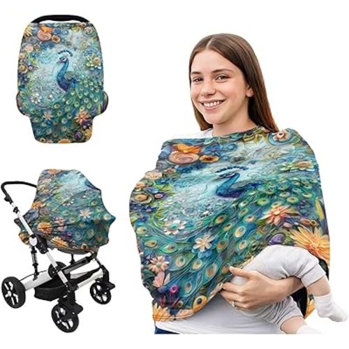 Peacock Shopping Cart Cover for Baby Floral Metplus Breathable Infant Carseat Cover Lightweight Baby Nursing Cover for Girls Boys,Unverisal Fit Spring Summer/Hot Days/Warm Weather