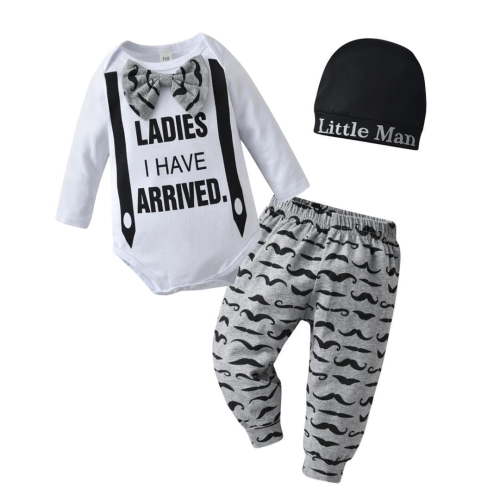 Newborn Infant Baby Boy Clothes Long Sleeve Letter Print Romper Pants and Hat Outfits Set