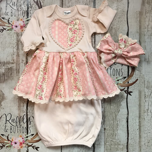 Vintage style gown set, baby girl gown, Valentine's Day, coming home outfit, baby shower gift, church gown, rose floral baby