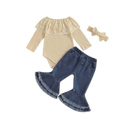 Loicainy Baby Toddler Girls 3 Piece Outfits 6 9 12 18 24 Months Lace Patchwork Off-Shoulder Romper and Elastic Denim Flared Pants Headband Set Fall Clothes