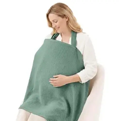 Blissful Diary Muslin Nursing Cover for Breastfeeding, Breathable Breastfeeding Cover up with Arch Neckline for Women, Nursing Apron (Roman Green)
