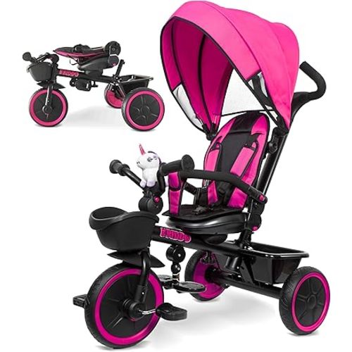KRIDDO 7-in-1 Tricycle Stroller for Toddlers 18 Months to 5 Years, Adjustable Push Handle, Rotatable Seat, Cup Holder and Retractable Canopy, Folding Baby Trike w/Detachable Guardrail, Footrest, PK