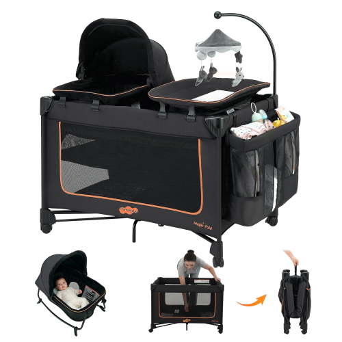 Pamo Babe Baby Playard, Magic Fold Bassinet and Changing Table, 4 Panels, Black