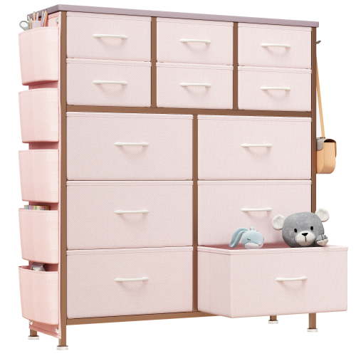 SESSLIFE Fabric Dresser for Bedroom, 12 Drawer Dresser with Side Pockets, Hooks, Modern Tall Closet Chest Organizer with Wood, Top Metal Frame for Living Room, Hallway, Entryway, Adults, Pink