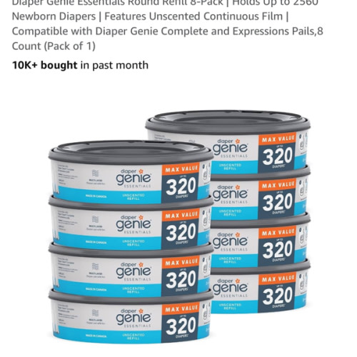 Diaper Genie Essentials Round Refill 8-Pack | Holds Up to 2560 Newborn Diapers | Features Unscented Continuous Film | Compatible with Diaper Genie Complete and Expressions Pails,8 Count (Pack of 1)
