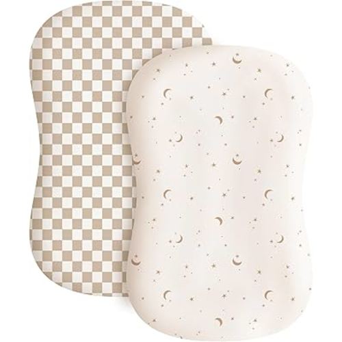 Konssy 2 Pack Baby Lounger Cover, Stretchy and Soft Newborn Lounger Cover, Infant Lounger Slipcover for Boys Girls, Covers Only (Coffee Check,Moon)