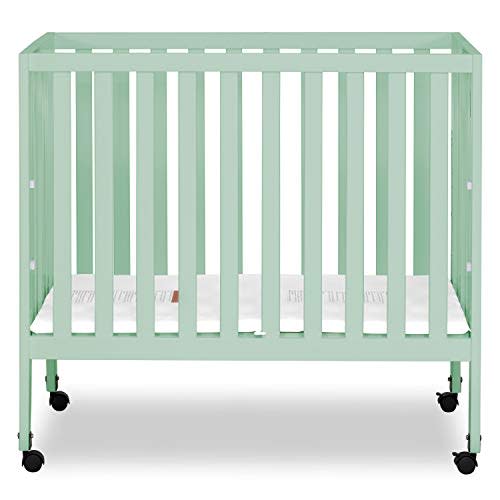 Dream On Me Jett Mini Folding Baby Crib in Mint, GreenGuard Gold & BSA, Lightweight & Portable, Patented Flat Folding System for Small Spaces & Travel, 1.5” Mattress Pad, 3 Heights, Safe Wheels