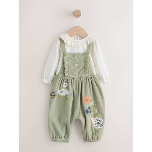 Sage Green Embroidered Long Sleeve Bodysuit and Cord Dungaree 2 Piece Baby Set (0mths-3yrs)